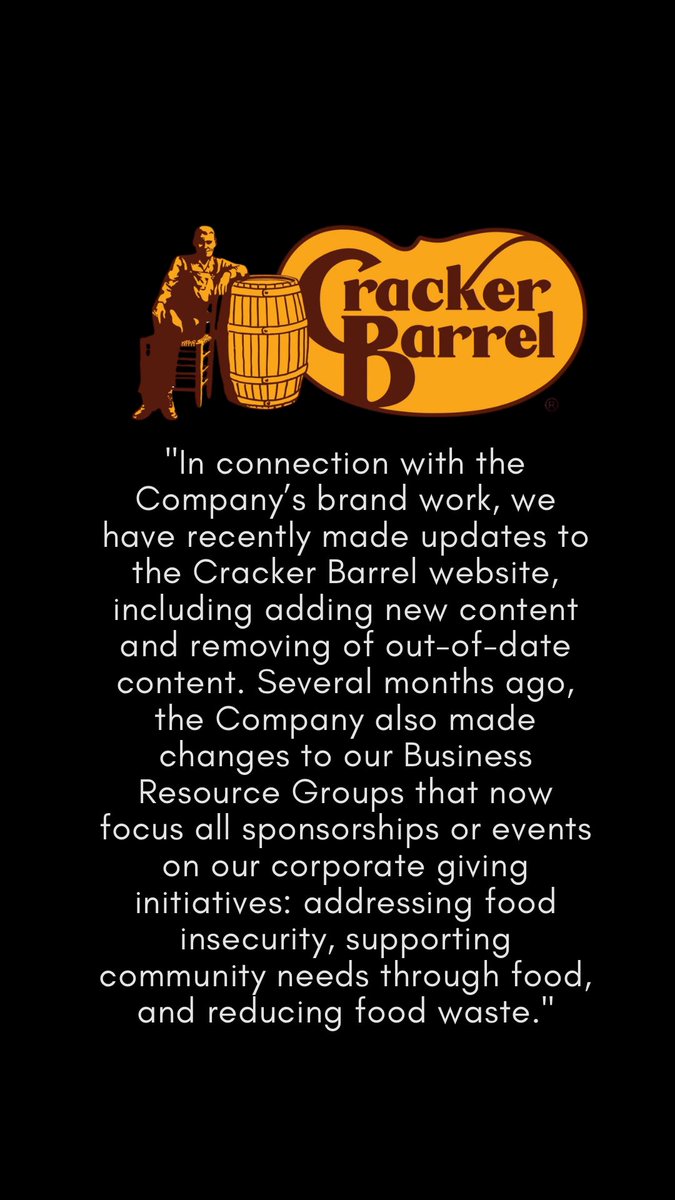 Robby Starbuck (@robbystarbuck) on Twitter photo Huge. Our movement has achieved total victory once again. Our boycott against <a href="/CrackerBarrel/">Cracker Barrel</a> has resulted in them ending funding for Pride events, removing woke propaganda from their site, changing their ERG’s and changing their logo back.
Cracker Barrel has just released the Huge. Our movement has achieved total victory once again. Our boycott against <a href="/CrackerBarrel/">Cracker Barrel</a> has resulted in them ending funding for Pride events, removing woke propaganda from their site, changing their ERG’s and changing their logo back.
Cracker Barrel has just released the