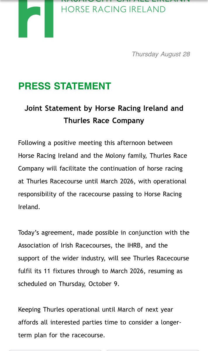 Thurles to remain open for the remainder of the season to fulfil its 11 fixtures with HRI taking on the operational responsibility. A reprieve that might hopefully see it rescued on a long term basis. <a href="/RacingPost/">Racing Post</a>