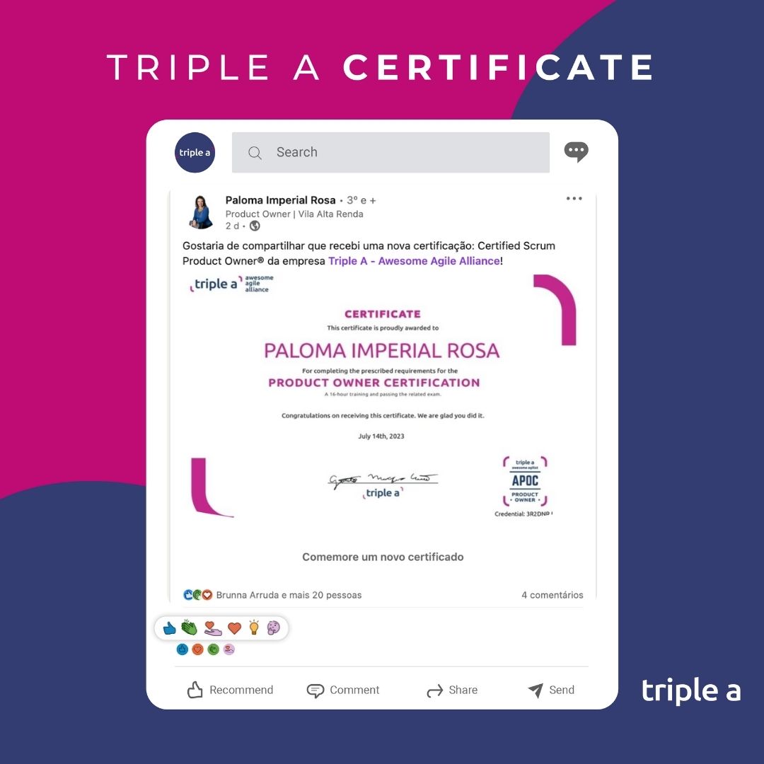 TripleA_Global's tweet image. &quot;Gostaria de compartilhar que recebi uma nova certificação: Certifield Product Owner da empresa Triple A - Awesome Agile Alliance!&quot;

Paloma Imperial Rosa

#productowner #scrumguide #multifuncionalidade #equipe #agilidade #agil #trabalho #responsabilidades #produtividade
