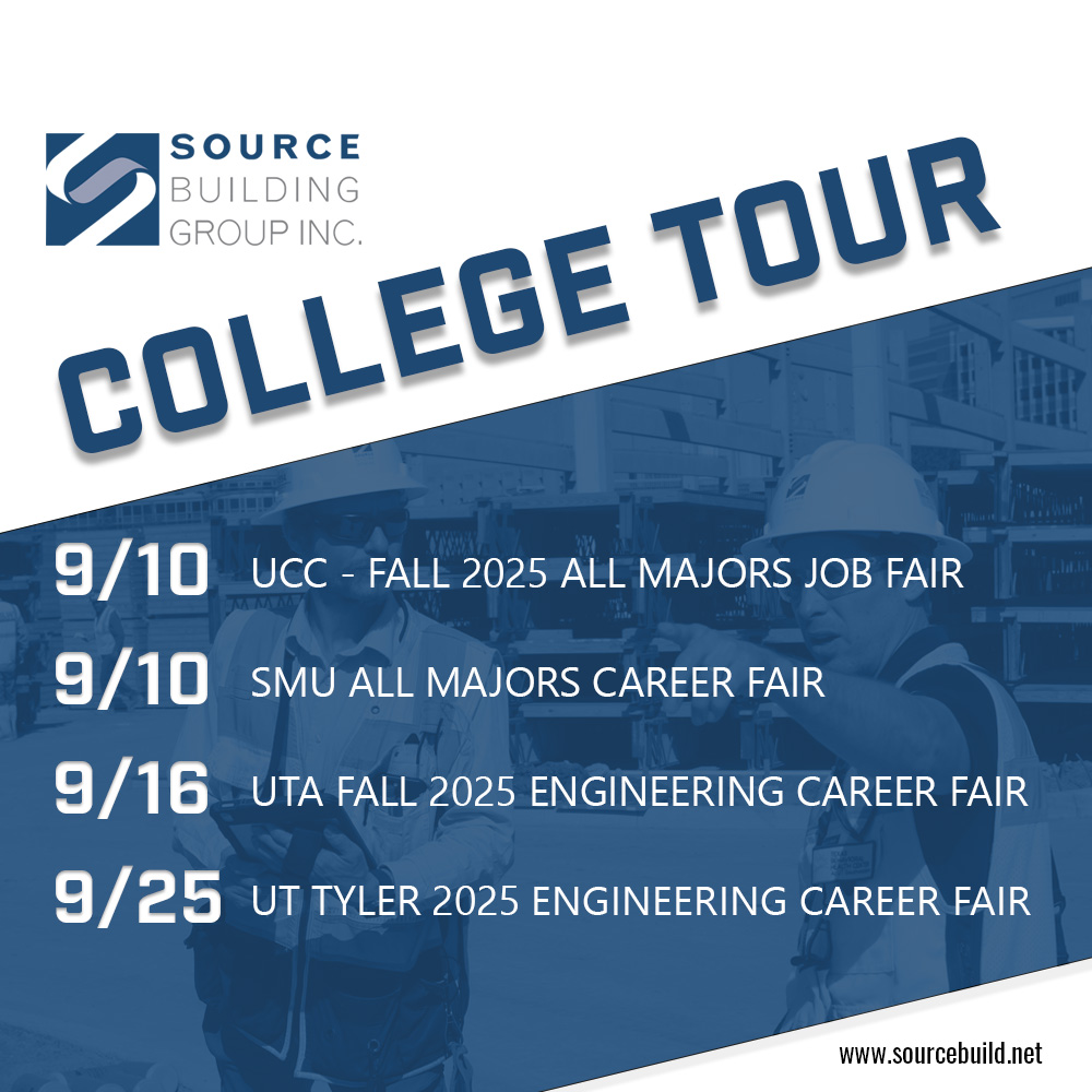 SourceBLDG's tweet image. If you are a student looking for an internship or potential new career opportunity, check out what we have to offer. Learn more about us at sourcebuild.net.
UTD - 9/10
SMU - 9/10
UTA - 9/16
UT Tyler - 9/25
#SBG #CollegeRecruiting #UTA #SMU #UTD #UTTyler #careergrowth