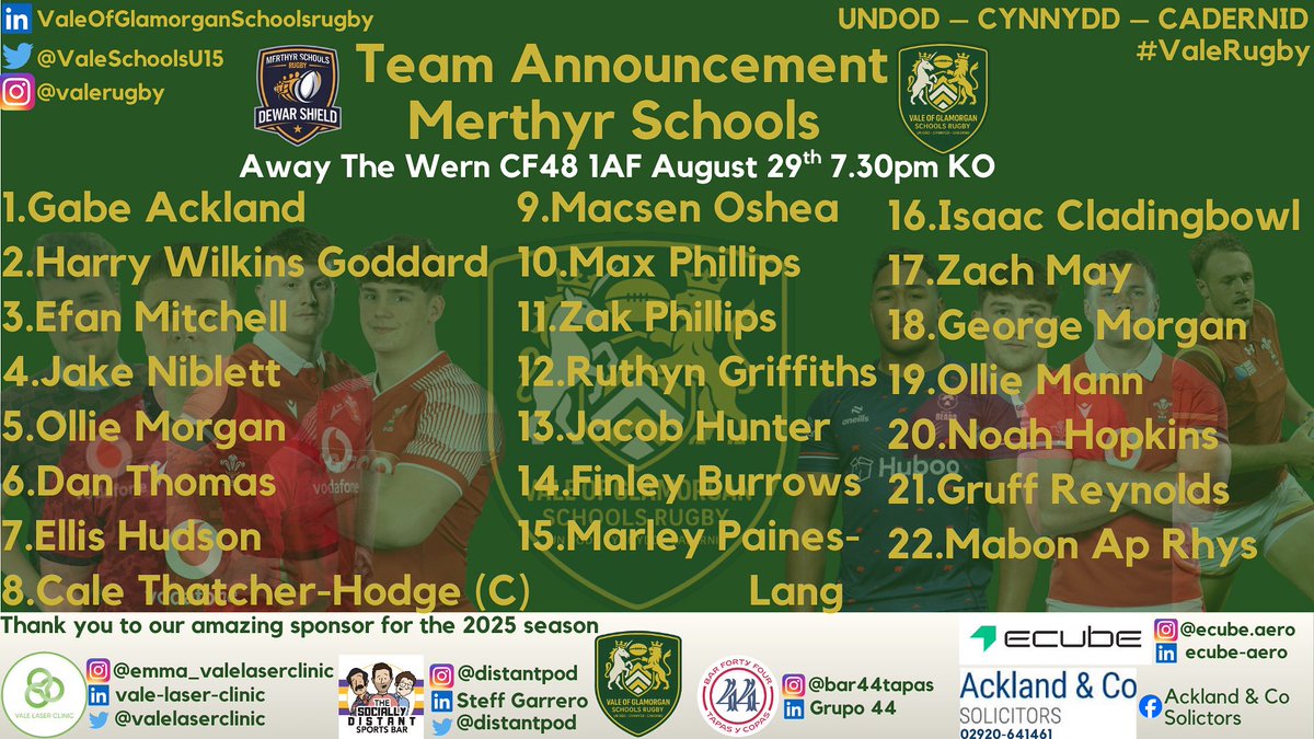 ValeSchoolsU15's tweet photo. ๐ฃ TEAM ANNOUNCEMENT ๐ฃ
Here is your Vale of Glamorgan Schools U16 squad to face Merthyr Schools ๐
๐ The Wern, CF48 1AF
๐ Friday 29th August
โฐ 7:30pm KO
Good luck to all the boys representing the Vale ๐ช๐๐
#ValeRugby #DewarShield #Undod #Cynnydd #Cadernid
@Cardiff_Pathway https://t.co/R5PbFf2Bll