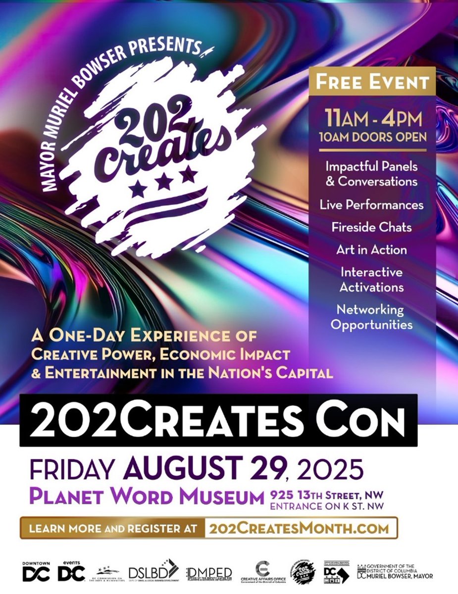 SparkMedia's tweet image. Tomorrow, 8/29, is 202Creates Con – a one day experience of creative power, economic impact and entertainment here in DC! 

This great event is free, but you need to register.  Learn more at 202createsmonth.com!  

#202creates #dcfilmoffice @entertain_dc @MayorBowser
