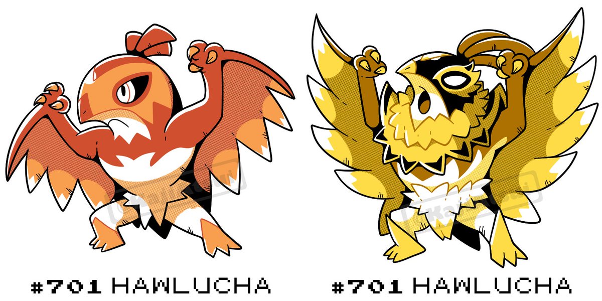 Mega Hawlucha!  

I'm unsure about the palette, but this time I'll stick with my gut (and my gf's opinion) and stick with yellow, I think it's more thematic for design.  

#LegendsZA #PokemonLegendsZA