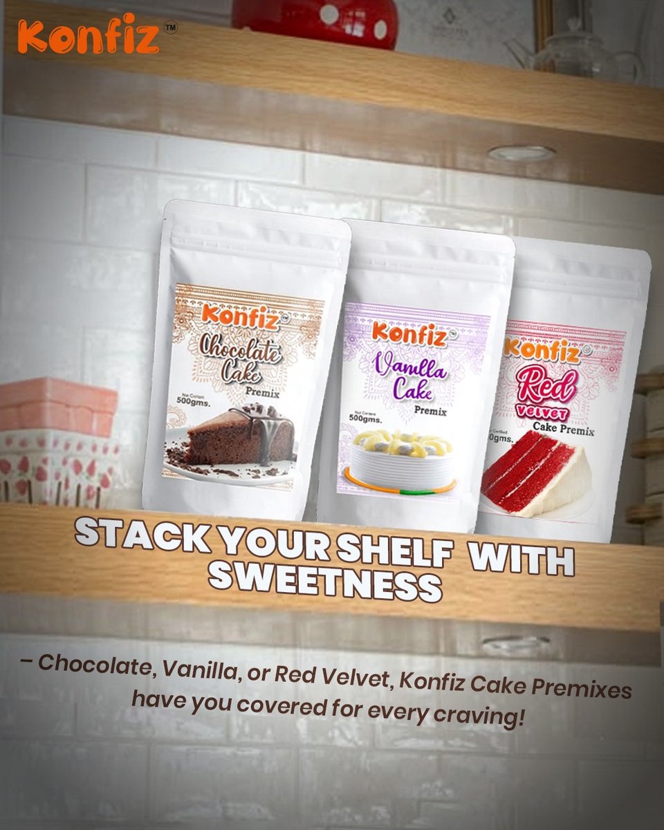 KonfizSnacks's tweet photo. Your shelf deserves a sweet upgrade Chocolate, Vanilla, or Red Velvet - Konfiz Cake Premixes make baking effortless and delicious. 🍫✨️

#Konfiz #KonfizMunchies #KonfizInMyBag #snackonthego #CrispyCravings #MunchiesOfTheDay https://t.co/0ppnrdgujQ