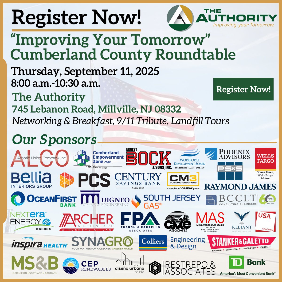 Register Now!🔔 The Authority's "Improving Your Tomorrow" Cumberland County Roundtable will be held on Thursday, September 11 from 8:00AM to 10:30AM.  For more information and to register now, visit theauthoritynj.com/event/improvin….