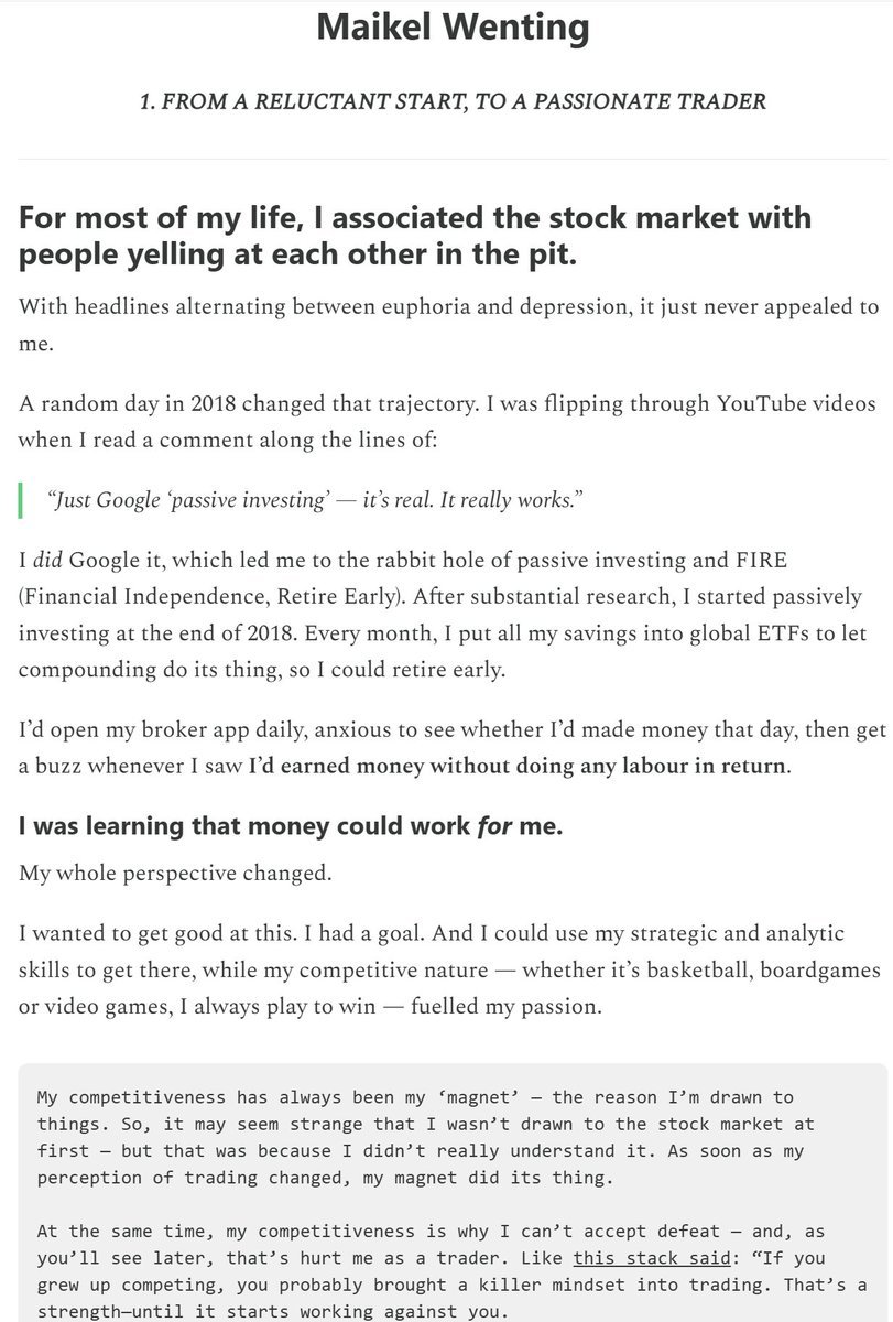 KynaKosling's tweet photo. Every trader’s journey is unique, but often contains similar key ‘junctions’:

✅ The catalyst that kicks off your journey
✅ Those early signs you’re on a worthwhile pursuit
✅ The need for experimentation and setbacks, followed by that reality check
✅ The commitment to the long haul, prioritising skill development over immediate reward
✅ The moment ‘common wisdom’ goes from sounding cliché to clicking…
✅ …often going hand in hand with making THE tweak — the small change with the dramatic impact

That dramatic change might be digging deep into the maths of your trading, like @KaiHamill4, who then realised his biggest problem: selling too early. He then made the strategy changes that let his ideal (low) win rate and risk–reward play out, going from breakeven to profitable.

Or it might be addressing a trading demon, like @mkl85’s competitiveness making him unable to accept defeat. But by keeping and analysing his journal, then keeping an ‘injecting logic statement’ beneath his monitor, he was able to identify and kill that demon.

Both swing traders share their stories and methods behind their breakthroughs on TTRH this Saturday, 30 August.

I’ll then zoom out, and talk more about those key moments on most traders’ journey:

***

The Key Moments in a Trader’s Journey
Different paths, same junctions
🔗 https://t.co/PDjLofjvL9