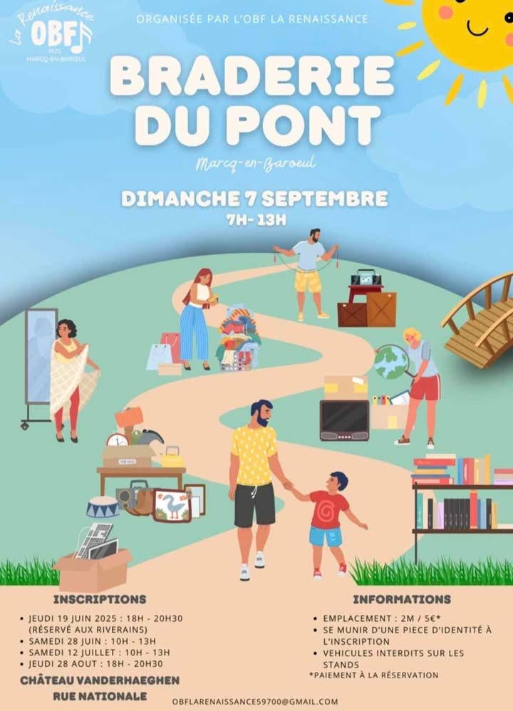 La traditionnelle braderie du Pont organisée par l'Orchestre Batterie Fanfare La Renaissance se déroulera le dimanche 7 septembre entre 7h et 13h.
📷 Dernière session d’inscriptions ce soir, de 18h à 20h30, au Château Vanderhaeghen – Rue Nationale