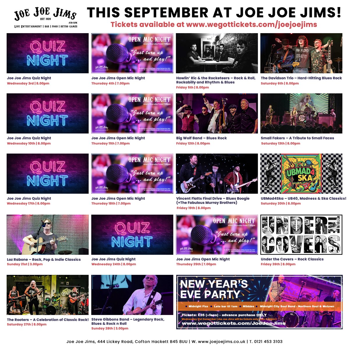 joejoejims's tweet image. We have a packed September at JJJ with our regular #OpenMic and #QuizNights along with a mix of #gigs from returning JJJ favourites and first-timers:  hopefully something for everyone!

Tickets available from wegottickets.com/joejoejims - we look forward to seeing you!