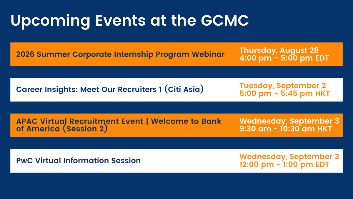 ZicklinGCMC's tweet photo. Chat with recruiters or learn about various companies at these upcoming events! Register now on Handshake: https://t.co/jzJaOmLAfe
#BaruchCollege #BeBaruch #ZicklinPride #EventsAtTheGCMC https://t.co/TDplPNo2wO