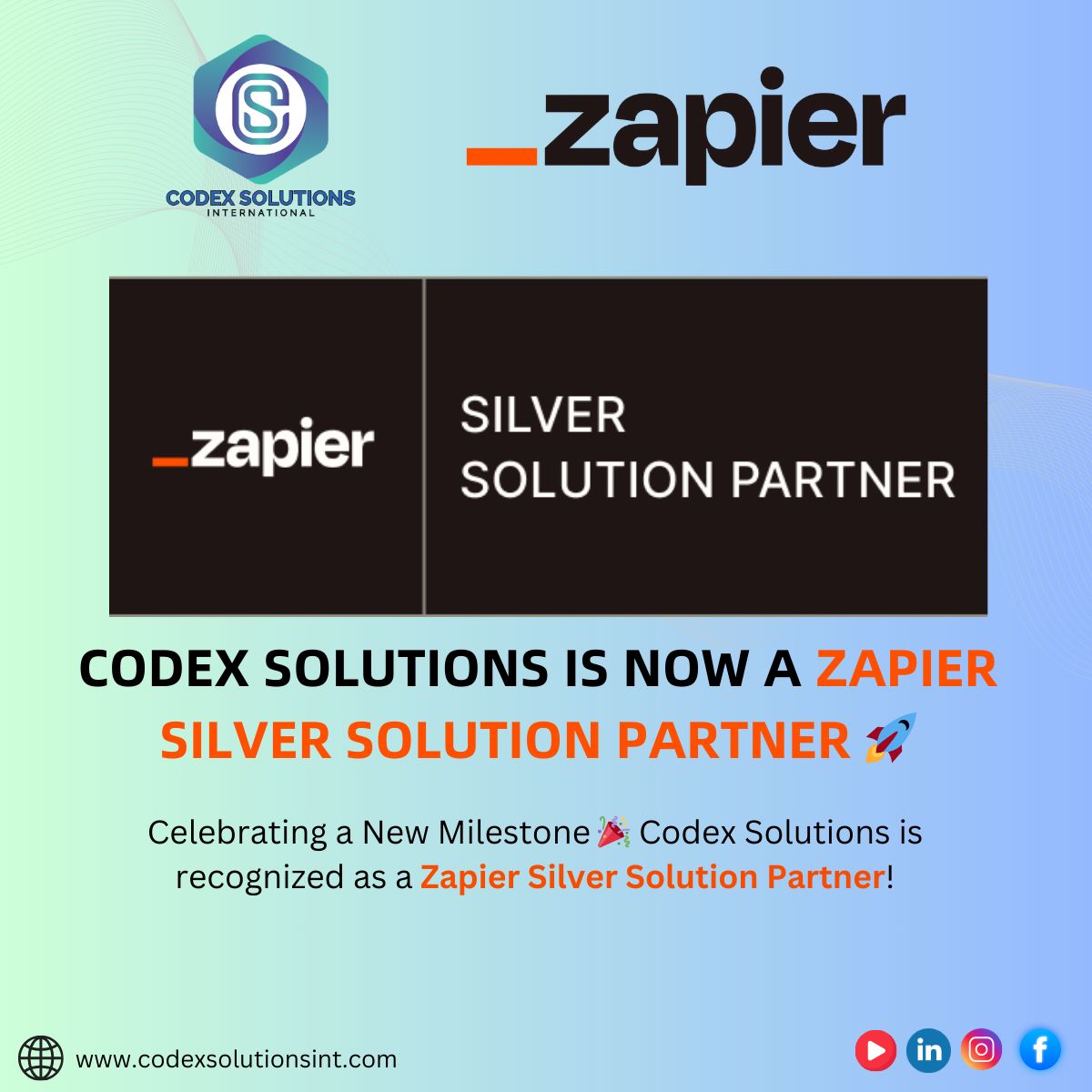 solutions_codex's tweet image. "Codex Solutions is now a Zapier Silver Solution Partner! We're expert in building smart automations & streamlining workflows. Let's build smarter, faster & better together! #ZapierPartner #Automation"