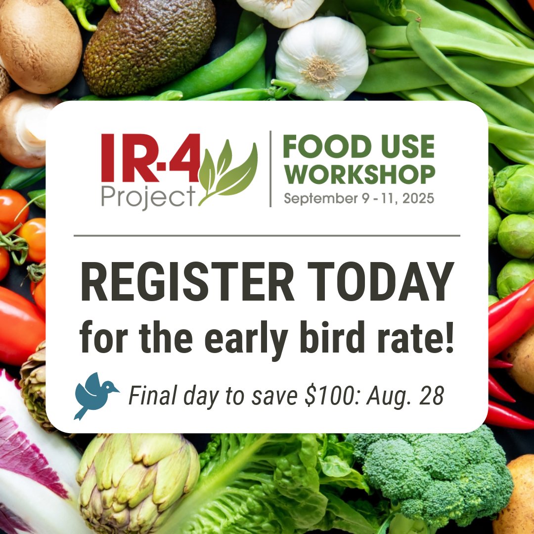 IR4_Project's tweet image. August 28 is the final day to register at the early bird rate for the 2025 Food Use Workshop! Sign up before midnight and save $100:
ncst.at/egXu50WN6uf

#ir4project #ir4fuw