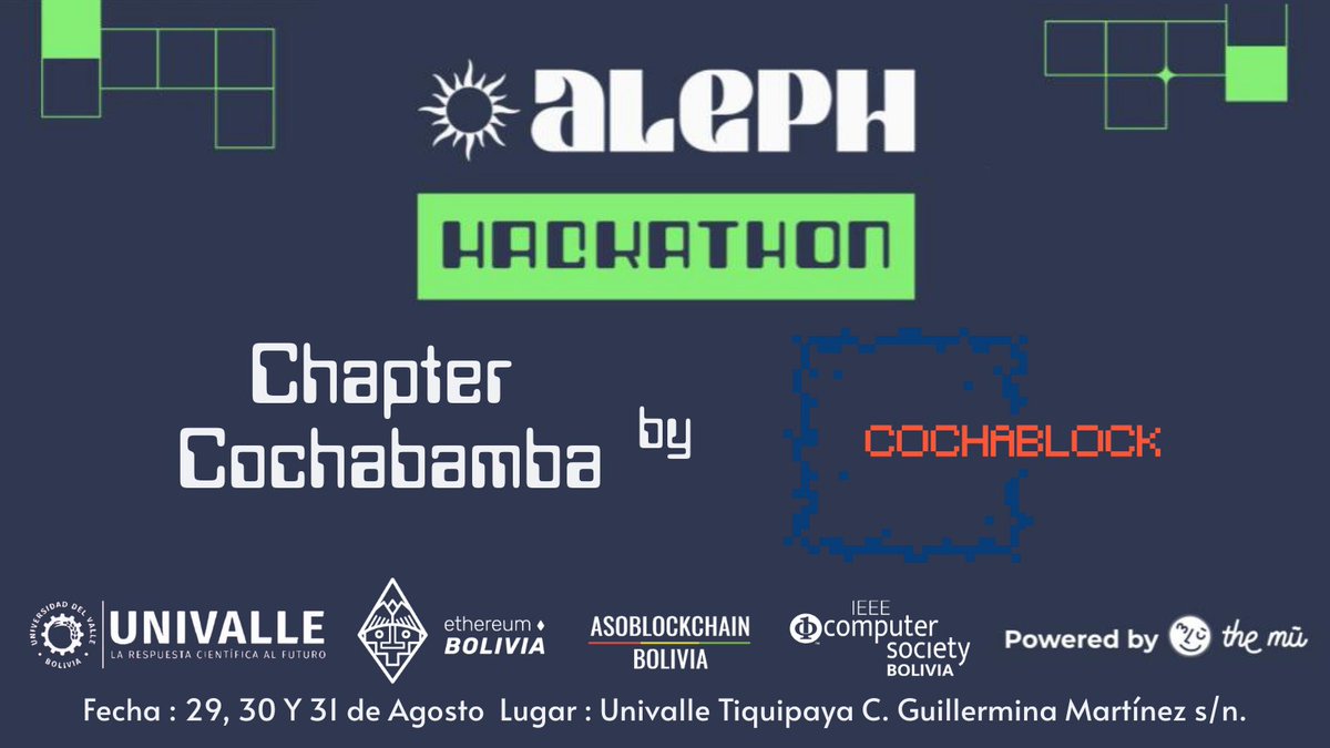 CochaBlock's tweet image. 🚀 ¡Mañana arranca la #AlephHackathon!
Únete y participa junto a más de 1500 hackers en 50+ ciudades! 
🔥 3 días de innovación, tecnología y más de $50,000 en premios.
📍 Univalle – Campus Tiquipaya Cochabamba
📅 29, 30 y 31 de agosto