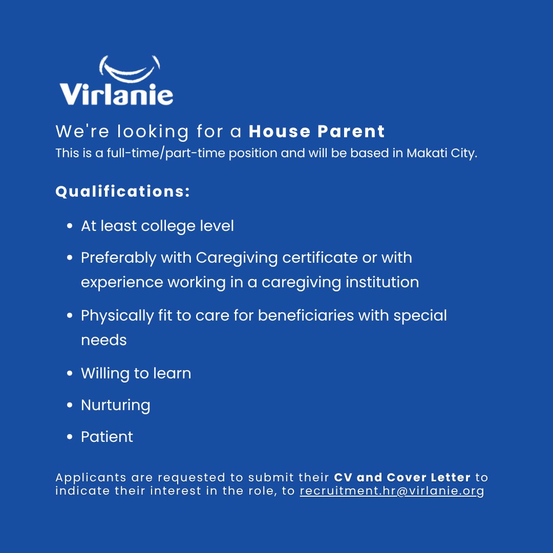 We’re hiring! Join Virlanie Foundation and help create brighter futures for children and communities. 💙

📌 Open roles: Sponsorship Officer, House Parent

 #WereHiring #JoinOurTeam #VirlanieFoundation