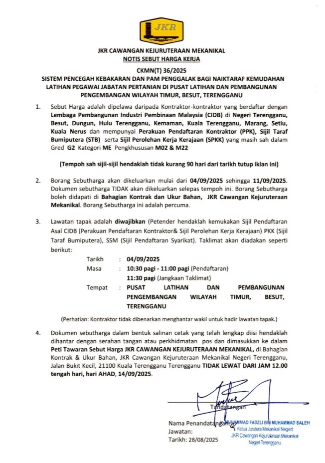Notis Sebutharga Kerja CKMNT 36/2025

<a href="/HasliJKR/">Hasli Ibrahim (Ir. Dr.)</a>
<a href="/Ir_faDZli/">faDZli</a> 
<a href="/JKR_CKM/">JKR CAW. KEJ. MEKANIKAL</a> 
<a href="/JKRTerengganu/">JKR Terengganu</a> 

#iamJkr
#jasakepadarakyat