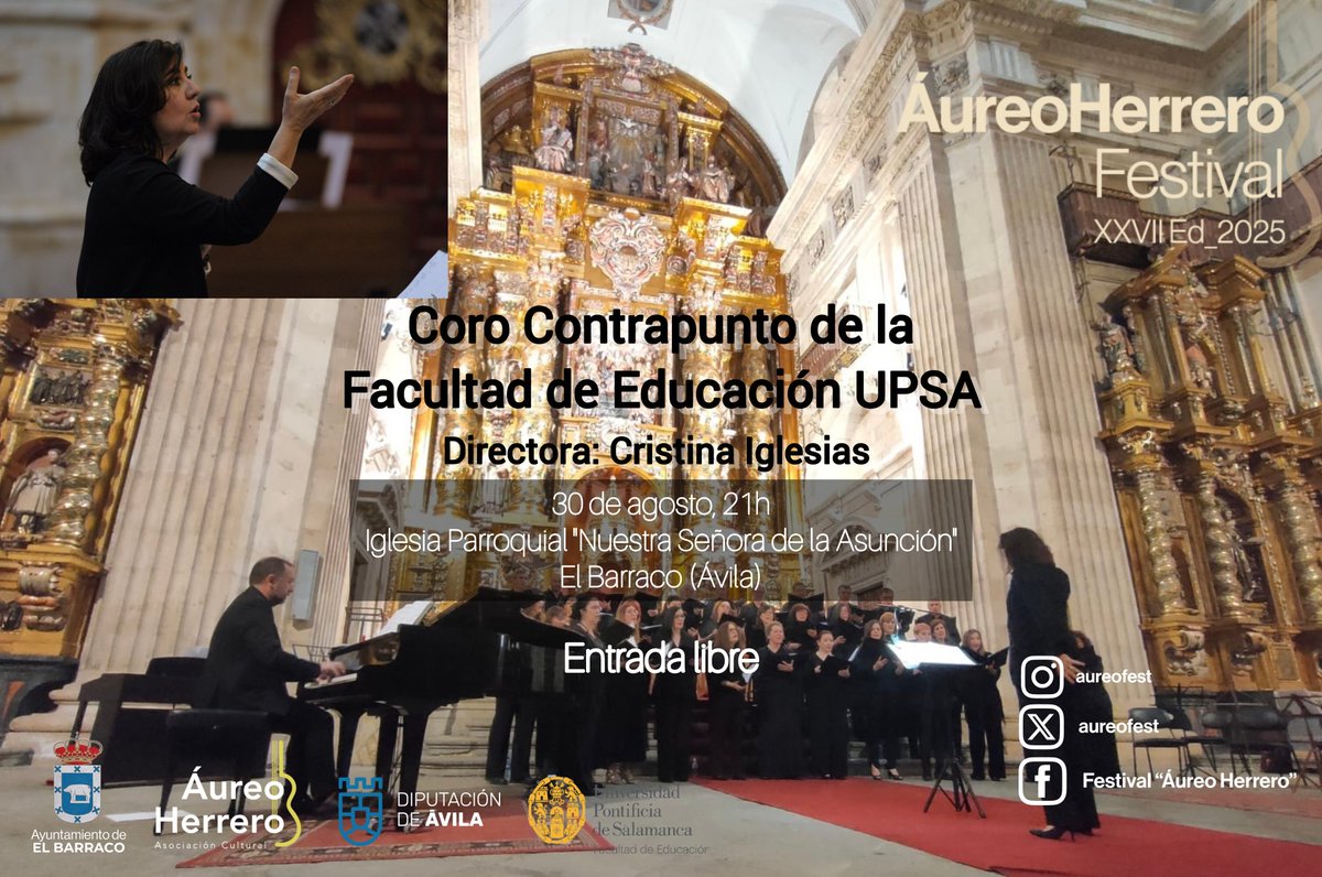 🎶👥 El Coro Contrapunto de la Universidad Pontificia de Salamanca pondrá el broche de oro a #27aureofest con un viaje por la historia de la música coral religiosa.
📆 30 de agosto
🕘 21h
🎟️ Entrada libre
📍 Iglesia Parroquial "Nuestra Señora de la Asunción". El Barraco (Ávila)