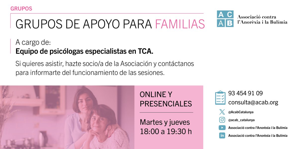La setmana que ve tornem amb els nostres GRUPS DE SUPORT setmanals i ho fem amb la nostra sessió PRESENCIAL.
Estarà coordinat pel nostre equip especialitzat en #TCA del servei d’atenció.
Dimarts 2 de setembre, de 18 a 19.30 h.
✉️ consulta@acab.org
☎️ 93 454 91 09
#grups #suport