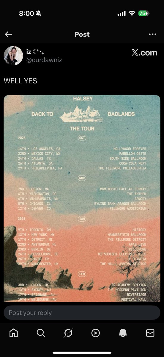 DylanChan94's tweet photo. SO INCREDIBLY HAPPY @halsey BRINGING BACK TO BADLANDS THE TOUR TO AUSTRALIA 🇦🇺Love how it’s small venues too the show are going to be so intimate 🥹🥹🩵😭 #BacktoBadlands #10YearsOfBadlands https://t.co/nKBubLiBUy