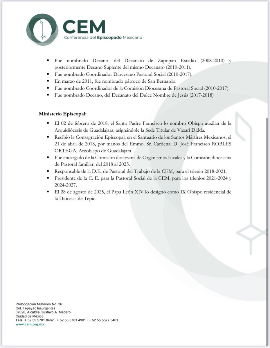 La <a href="/IglesiaMexico/">CEM</a> da a conocer el #CV del nuevo Obispo de #Tepic Mons. Engelberto Polino Sánchez quien fue nombrado primero para #Guadalajara y ahora estará al frente para la llamada #PerlaDelPacífico en #México.