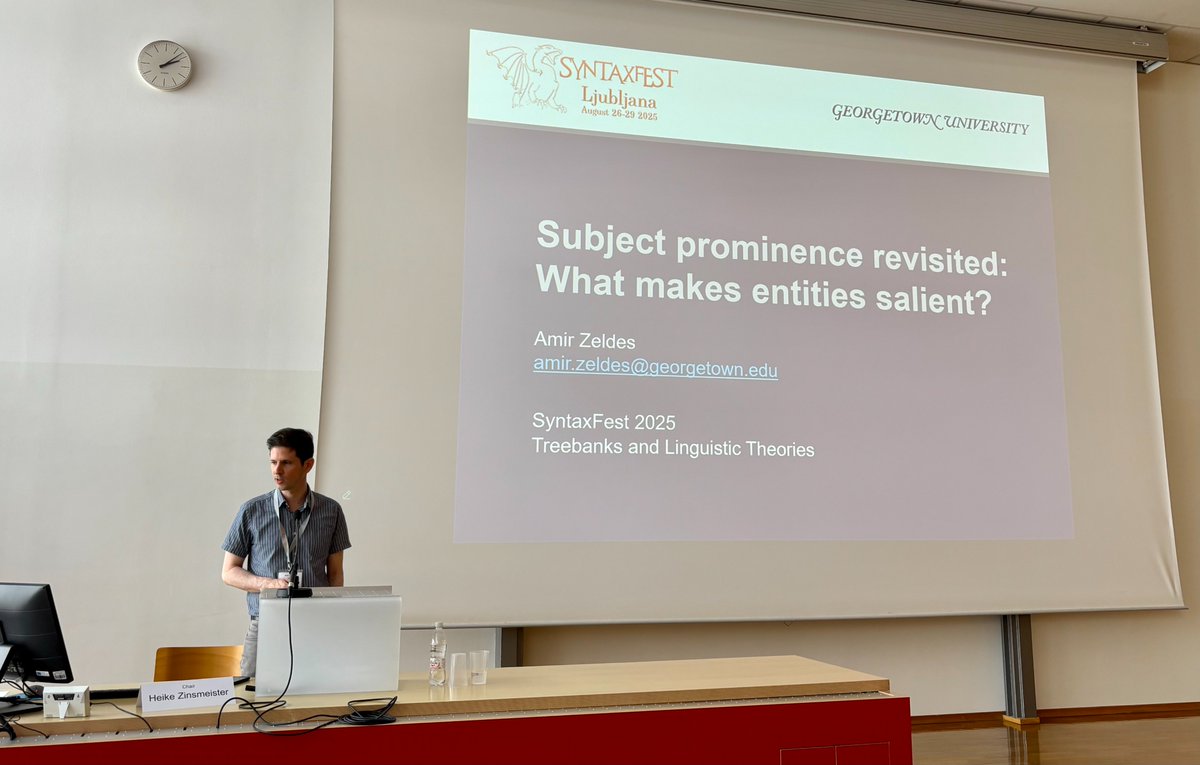 syntaxfest2025's tweet image. Keynote speech by Dr Amir Zeldes “Subject prominence revisited: What makes entities salient?” examines why some entities stand out in discourse. His take: salience isn’t just a surface category, but is characterised by cues, relations, hierarchies, genre and other.