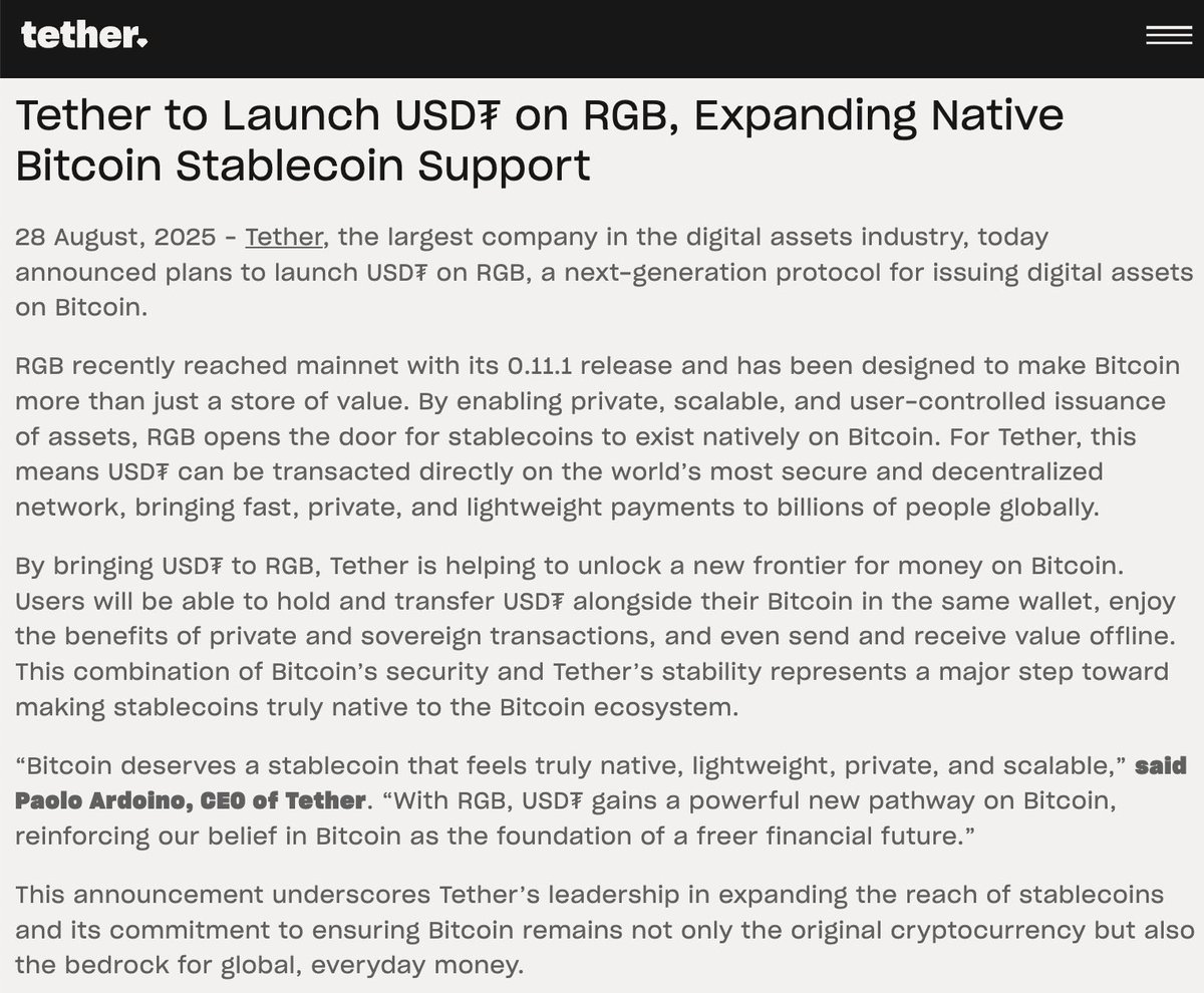BitcoinMagazine's tweet image. JUST IN: Tether to launch USDT on #Bitcoin via RGB.