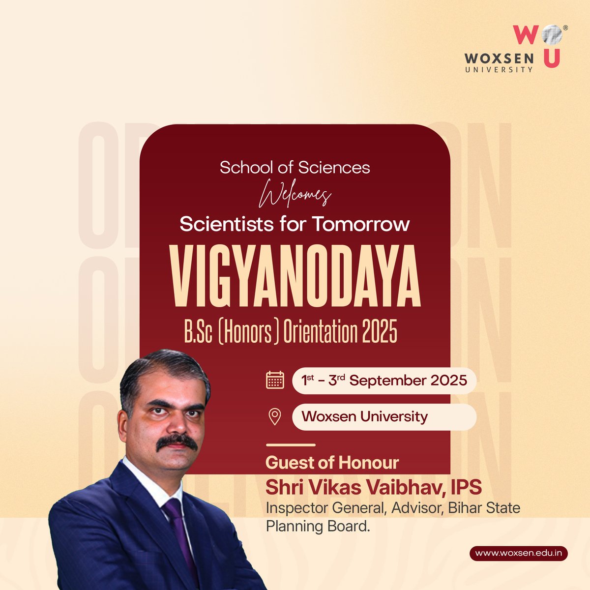 Woxsen's tweet image. The School of Sciences, Woxsen University, proudly hosts Vigyanodaya 2025 from 1st – 3rd September 2025, welcoming the next generation of scientists, innovators, and changemakers.
#WoxsenUniversity #SchoolOfSciences #Orientation2025 #HigherEducation #Hyderabad
