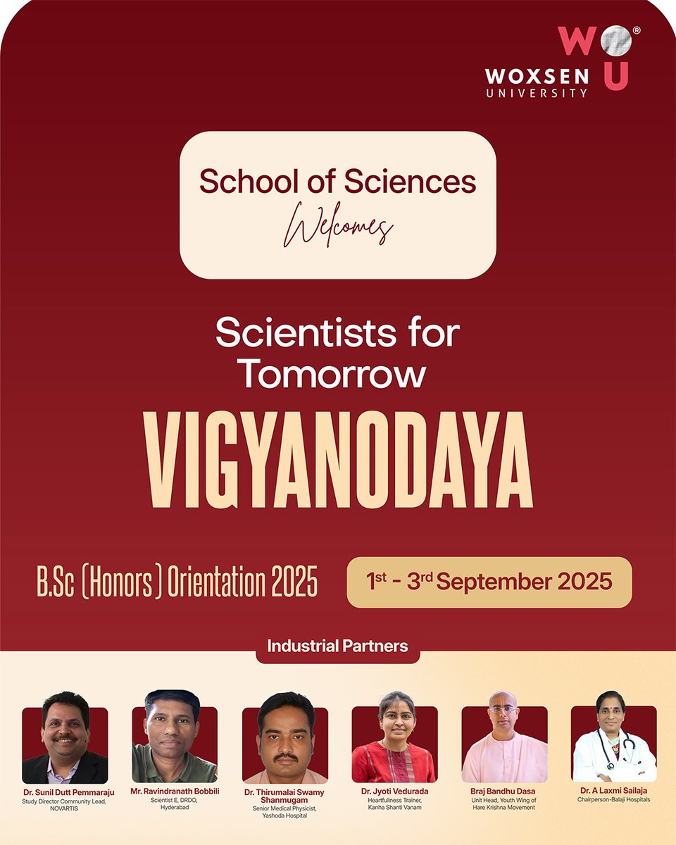 Woxsen's tweet image. The School of Sciences, Woxsen University, proudly hosts Vigyanodaya 2025 from 1st – 3rd September 2025, welcoming the next generation of scientists, innovators, and changemakers.
#WoxsenUniversity #SchoolOfSciences #Orientation2025 #HigherEducation #Hyderabad