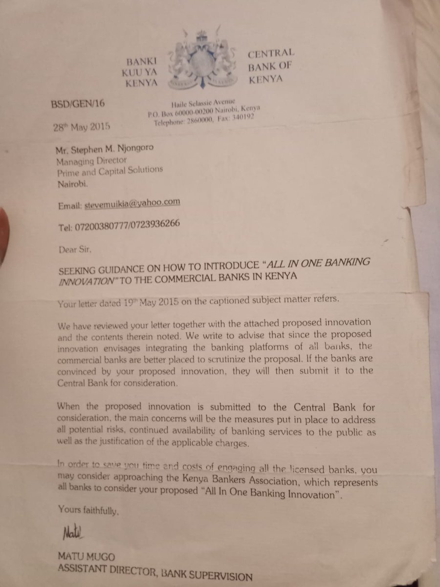 Steve Muikia (@stevemuikia) on Twitter photo This is how institutional #PesalinkTheft happend. <a href="/CBKKenya/">Central Bank of Kenya</a> Ths r ur own letters confirming tht u wouldn't allow <a href="/KenyaBankers/">Kenya Bankers Association (KBA)</a> Association rol my innovation without ur approval. Yet u went ahead 2 rubber stamp #PesalinkTheft
U also supervised as they bribed th judicial process This is how institutional #PesalinkTheft happend. <a href="/CBKKenya/">Central Bank of Kenya</a> Ths r ur own letters confirming tht u wouldn't allow <a href="/KenyaBankers/">Kenya Bankers Association (KBA)</a> Association rol my innovation without ur approval. Yet u went ahead 2 rubber stamp #PesalinkTheft
U also supervised as they bribed th judicial process