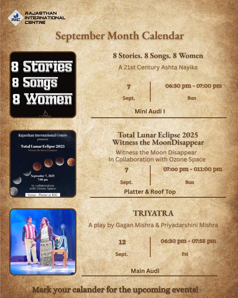 RIC_jaipur's tweet photo. Here is the September Event Calendar!!!!
Save it for later!!

#RIC #RICJaipur #RajasthanInternationalCentre #upcomingeventsinric #upcomingeventsinjaipur #UpcomingEvents2025 #upcomingeventsinricjaipur #eventsinjaipur #eventsinjaipur2025 #eventsinseptemberinric #RICEventList https://t.co/V1xqnEsgMd