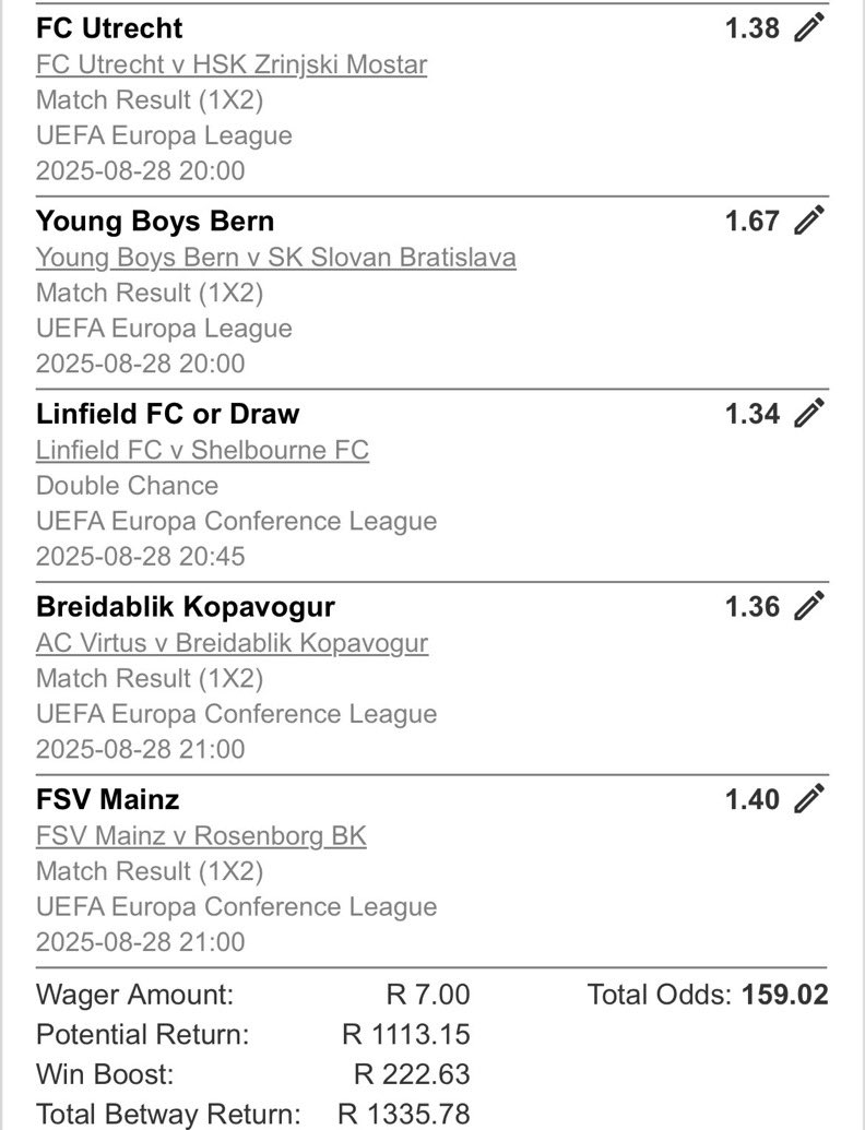 BetwayCode43687's tweet image. BWD88D66A
Double chances and straight wins 💪 🔥
Use old Betway app 🙏
#betway 
#betwaslips