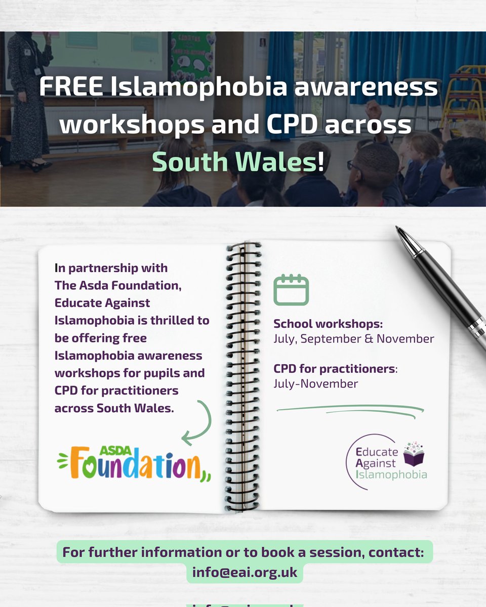 Educate Against Islamophobia (@eai_uk) on Twitter photo 🔊🏴 Final Call for Welsh schools and practitioners 👩🏫
Book your FREE #Islamophobia awareness workshop or #CPD today! Last few spots left.
✉️ info@eai.org.uk
<a href="/AsdaFoundation/">Asda Foundation</a> #SouthWales 🔊🏴 Final Call for Welsh schools and practitioners 👩🏫
Book your FREE #Islamophobia awareness workshop or #CPD today! Last few spots left.
✉️ info@eai.org.uk
<a href="/AsdaFoundation/">Asda Foundation</a> #SouthWales