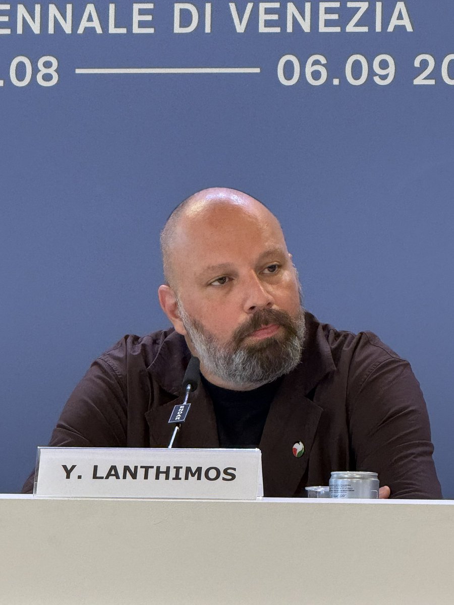 Director Yorgos Lanthimos wears a Palestinian flag pin at the #Bugonia press conference at the Venice Film Festival #Venezia82