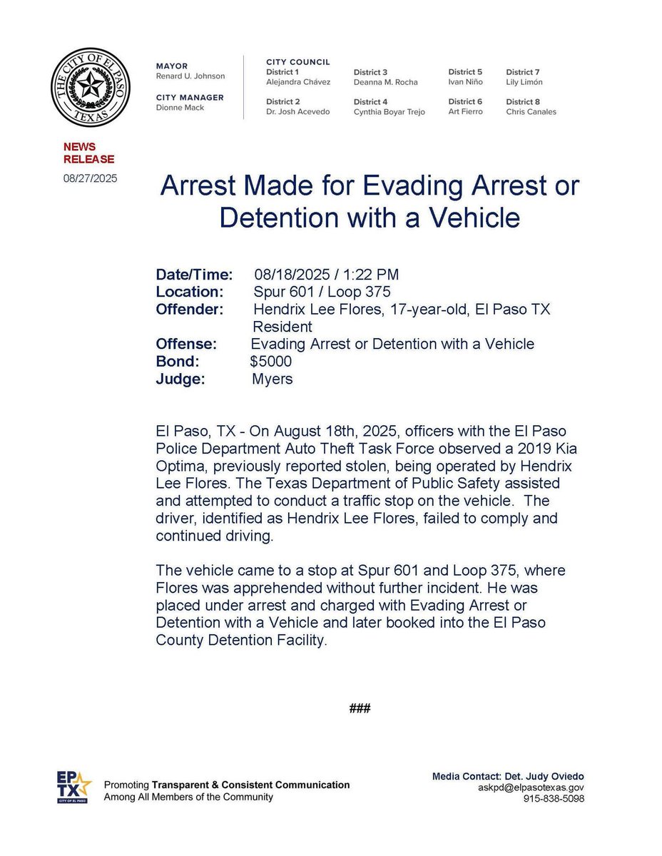 🚔 El Paso Teen Arrested After Police Pursuit 🚔

El Paso, TX – On August 18, 2025, the El Paso Police Department Auto Theft Task Force spotted a stolen 2019 Kia Optima being driven by 17-year-old Hendrix Lee Flores.

When officers, with assistance from the Texas Department of