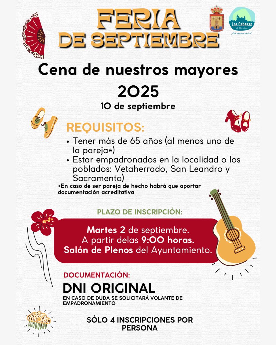 Cena de Nuestros Mayores 2025 - Miércoles 10 de septiembre
📌 INSCRIPCIONES IMPORTANTE CAMBIO DE FECHA
👉 Martes 2 de septiembre
🕘 A partir de las 9:00 h
📍 Salón de Plenos del Ayuntamiento
✅ Requisitos:
Tener más de 65 años (al menos uno de la pareja)