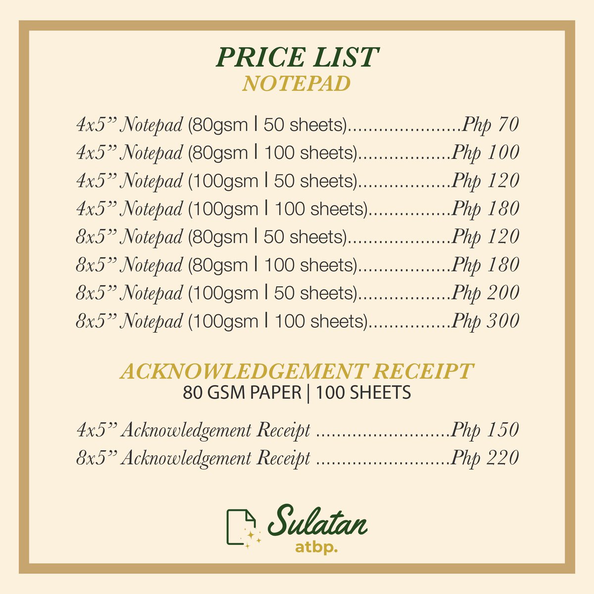 SulatanAtbp's tweet photo. ✨ Quality prints. Affordable prices. Zero excuses. ✨

Looking for stationery that fits your budget and your story?

See our price list now—before your next big idea goes unwritten. 🖋

#SulatanAtbp 
#CraftedWithLove https://t.co/cziVwDvAaE