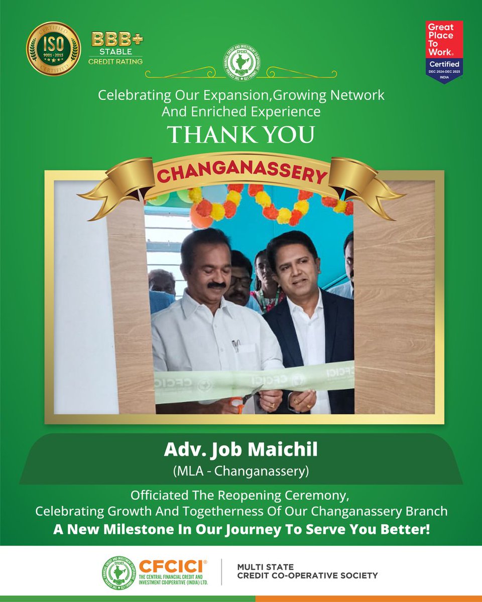🌟 A New Milestone in Changanassery! 🌟 
Our CFCICI branch has been officially reopened by Adv. Job Maichil (MLA, Changanassery). ✂️

Here’s to growth, trust &amp; togetherness! 🌟
#CFCICI #Changanassery #BranchReopening