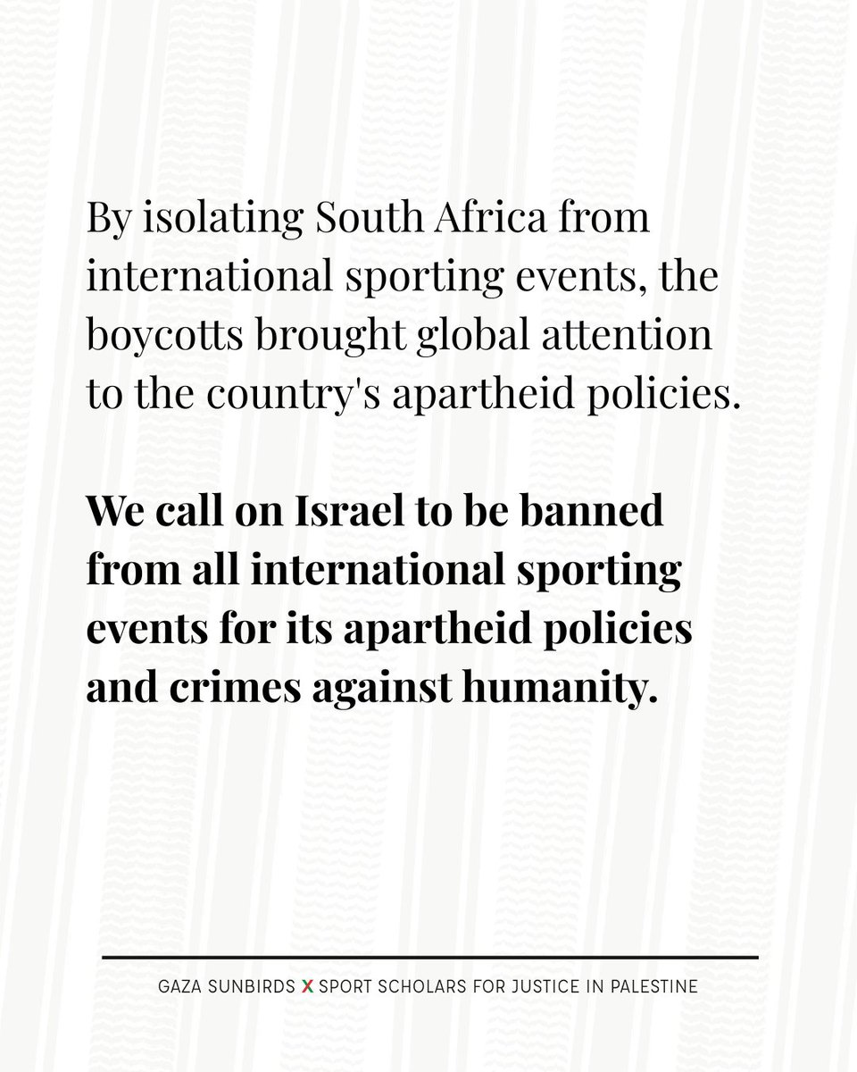 By isolating South Africa from international sporting events, the boycotts brought global attention to the country's apartheid policies. We call on Israel to be banned from all international sporting events for its apartheid policies and crimes against humanity.