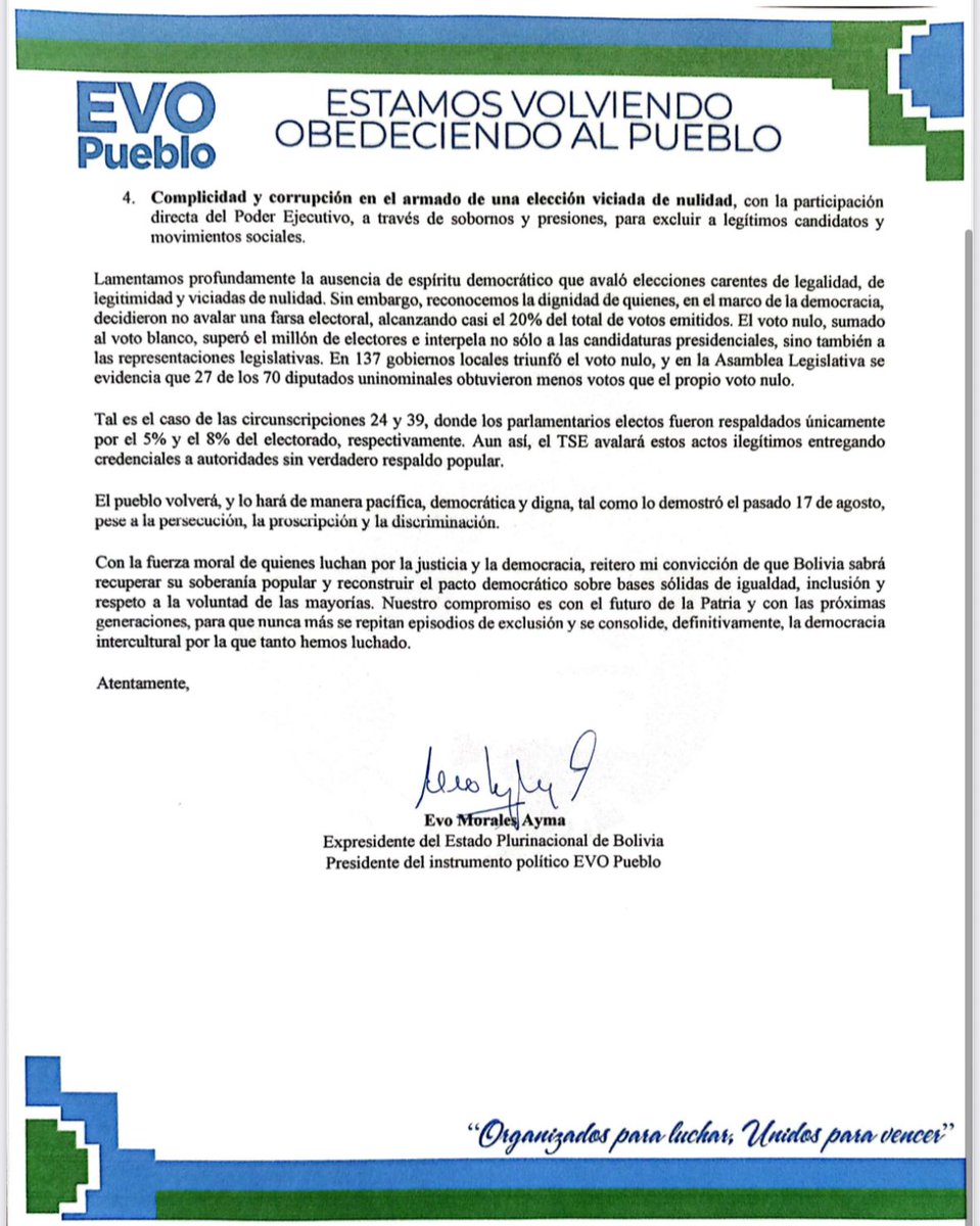 El día de ayer entregamos una carta dirigida al <a href="/TSEBolivia/">TSE Bolivia</a> denunciando la exclusión y manipulación en las #Elecciones2025.

"Millones de bolivianos y bolivianas han sido despojados de su derecho a elegir y ser elegidos. La historia y la justicia juzgarán la falta de legalidad y