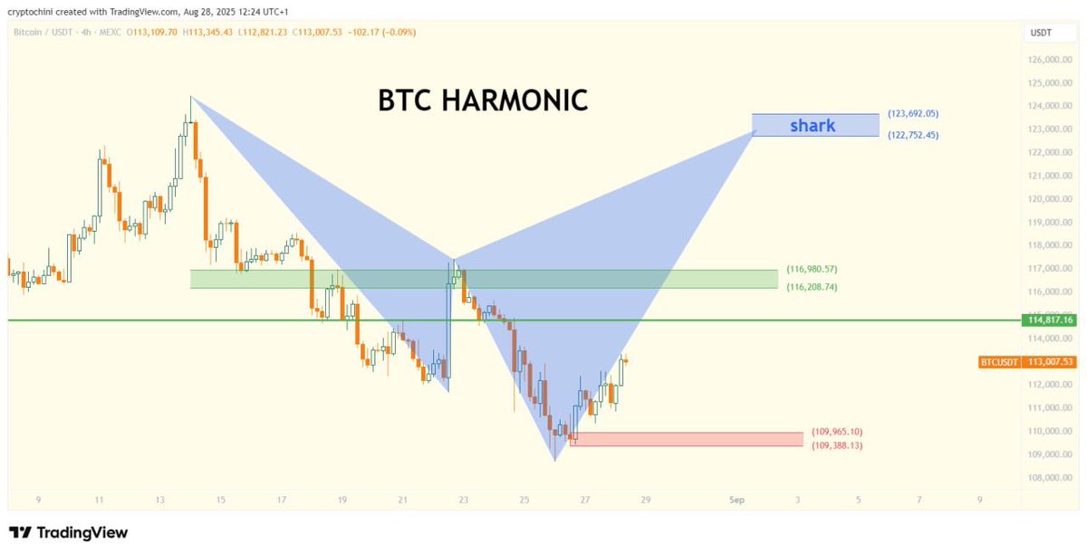 تحديث البيتكوين ( هارمونيك )

بدأنا بتشكيل نموذج shark على البيتكوين مسار ٤ ساعات 

يجب عدم الإغلاق ٤ ساعات أسفل المنطقة الحمراء 109,400 للحفاظ على النموذج 

هدف النموذج 123,000 باذن الله 
يتفعل باغلاق ٤ ساعات فوق 117,000

نلاحظ أن منطقة 117,000 منطقة مهمة بجميع الفريمات