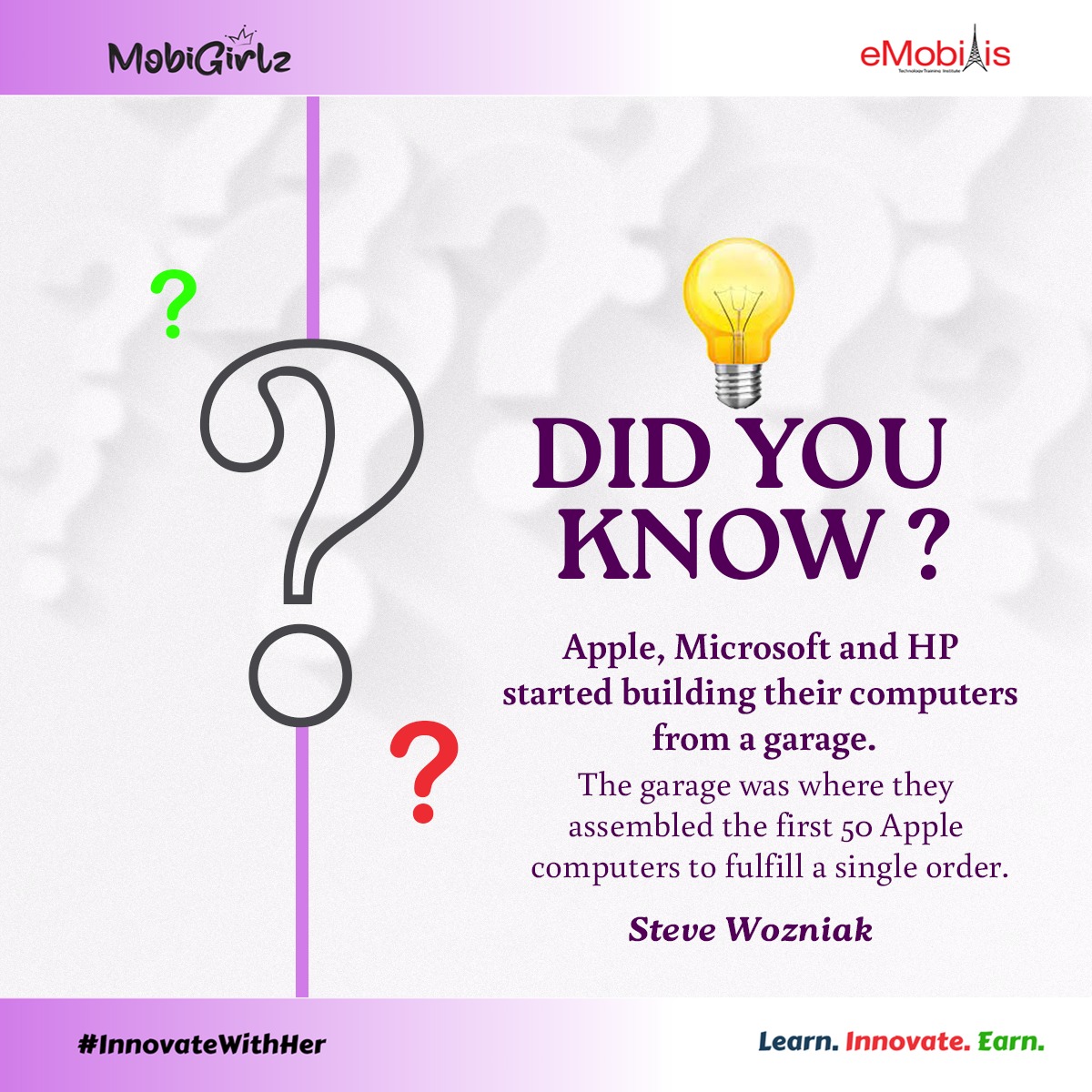 MobbiGirlz's tweet image. Did you Know?
Apple, Microsoft and HP all have a "garage" story.
Big ideas start small.
#TechFunFact #InnovateWithHer