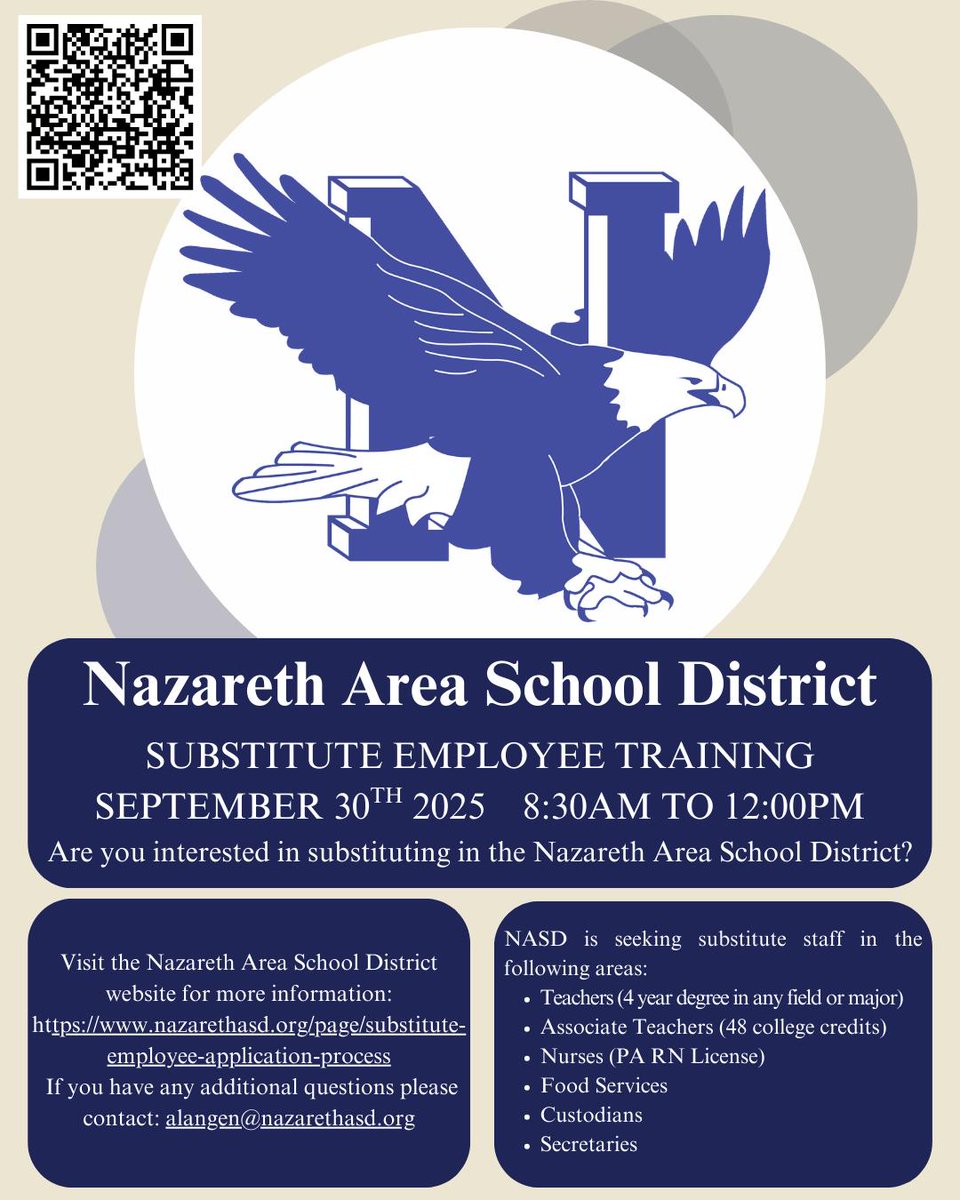 Are you interested in substituting in the Nazareth Area School District? 
nazarethasd.k12.pa.us/page/substitut…