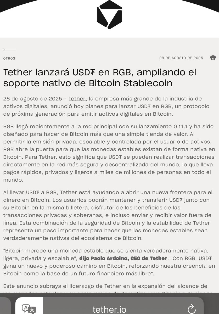 ÚLTIMA HORA: Tether lanzará USDT en Bitcoin a través de RGB.