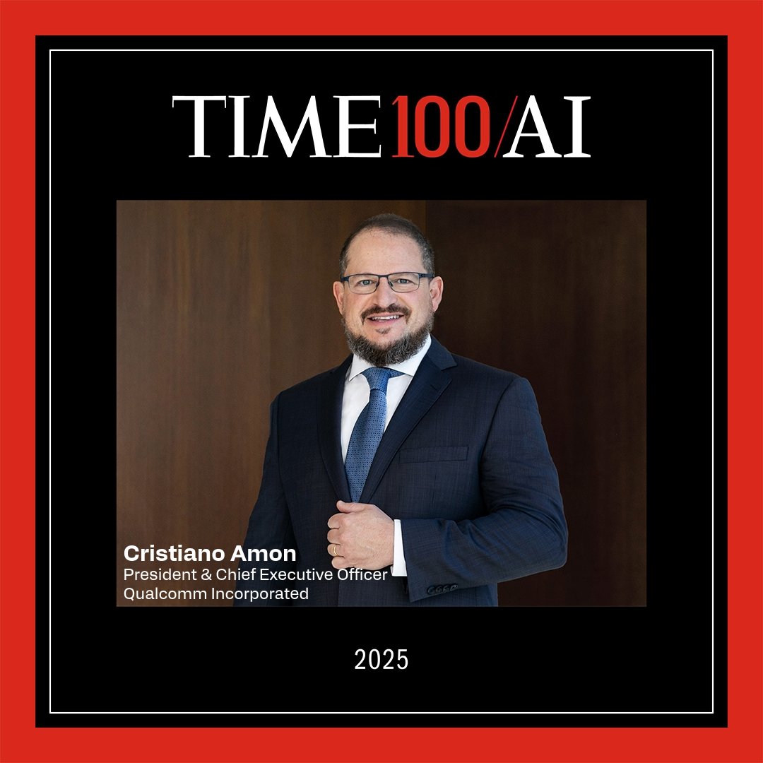Qualcomm's tweet image. Leadership that is shaping both the present and the future. Congratulations to Qualcomm President and CEO @cristianoamon for being recognized in @TIME’s #TIME100AI list, a testament to his commitment to driving the edge #AI revolution. bit.ly/4fUUev3