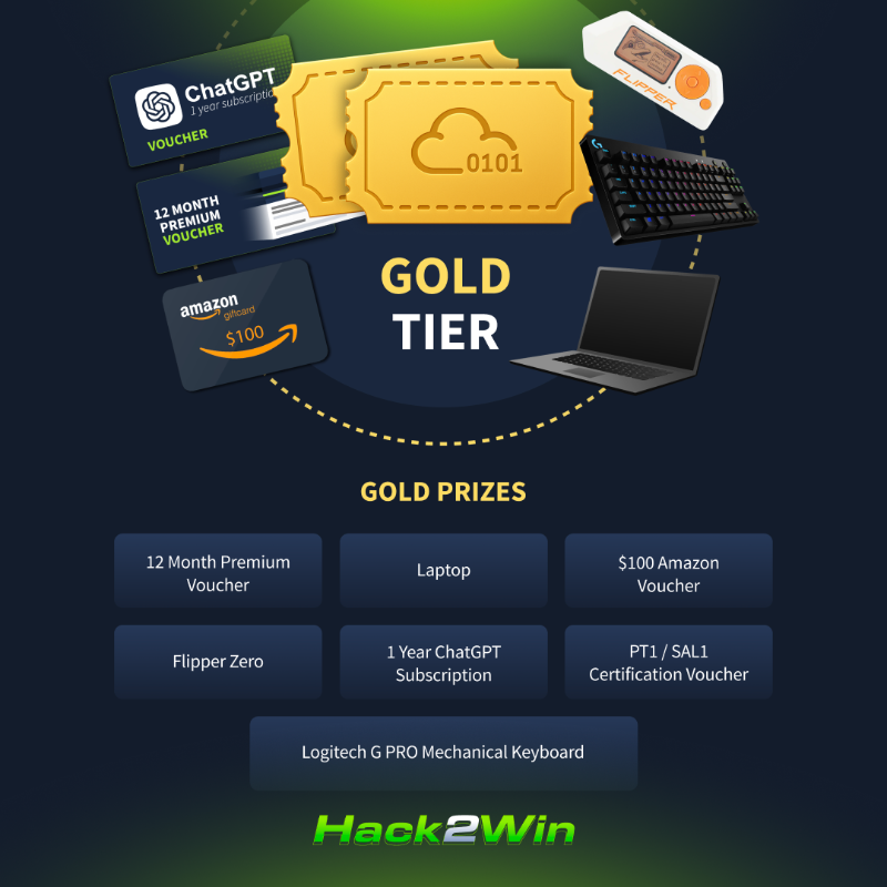 tryhackme's tweet photo. 🔥Welcome to your $40,000 Hack2Win Prize Drop!🔥

💻 Laptops. 🎓 Certs. ⌨️ Gaming gear. 👕 Swag.

Complete rooms. Earn tickets. Fill your stamp cards. Starting September 1st! 🚀 

Tag someone you want to join in on Hack2Win and let’s see who takes home the GOLD! 🥇