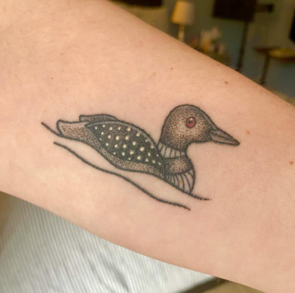 I surprised myself by suddenly really wanting a tattoo. I wanted a permanent reminder of all the giddy excitement I feel right now in anticipation of the show coming out. And it reminds me of my childhood, lying in bed and listening to loons in the evening and early morning.