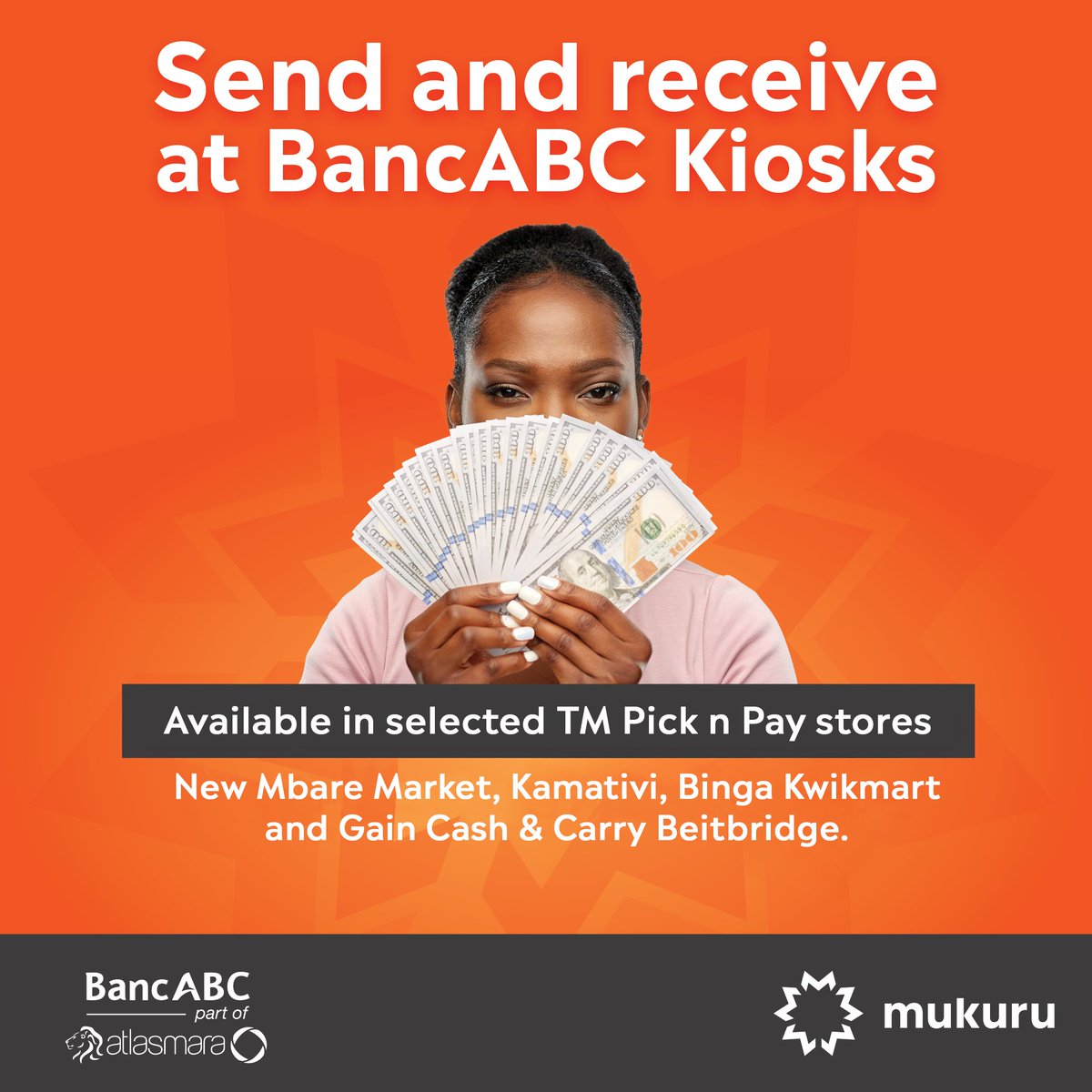 Send and receive Mukuru money transfers at @bancabczw kiosks in:

🏪 TM Pick n Pay stores
🛒 New Mbare Market
🏝️ Kamativi
🌊 Binga
🏬 Kwikmart
🚛 Gain Cash &amp; Carry Beitbridge

💡 Mukuru is just around the corner with @bancabczw.

#BankDifferent
