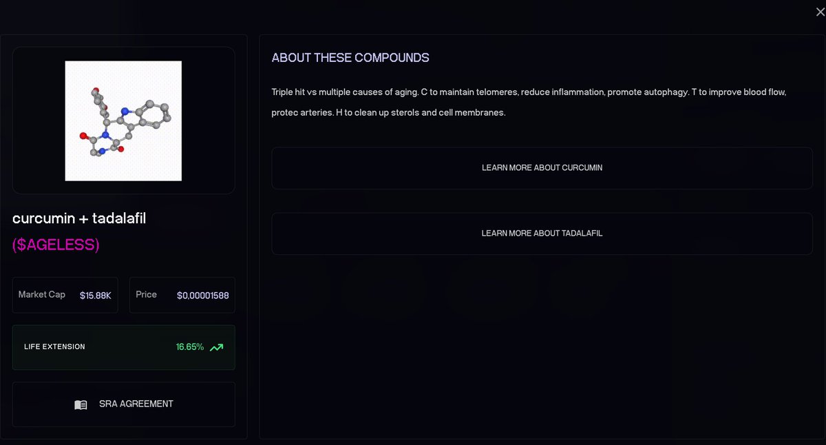eterna_labs's tweet photo. [Log #ΞL-031]
Project: Eterna Labs – AUM Update
Compound: $AGELESS

Status:
Eterna Labs protocol reserves have received 10,000,000 $AGELESS tokens (1% of supply), generously contributed by @BowTiedShrike — developer of @ageless_coin.

Compound Profile:
– Curcumin: anti-inflammatory, telomere lengthening, autophagy activation
– Tadalafil: PDE5 inhibitor, cardiovascular protection, vascular support
– Hydroxypropyl-β-cyclodextrin (HPCD): sterol turnover, drug delivery enhancer, emerging promise in Alzheimer’s research

Purpose:
– Strengthen AUM with diversified longevity compounds
– Support early-stage research on promising multi-agent interventions
– Ensure long-term alignment between @ageless_coin and Eterna Labs

Status:
Assets integrated into protocol reserves.
Securely held for strategic alignment and experimental funding.