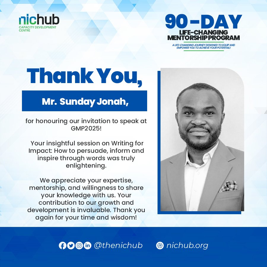 TheNichub's tweet photo. THANK YOU!

The Growth Mentorship Program 2025 cohort has come to an end and with sincere gratitude, we say thank you to our resource persons/mentors for the insightful sessions. Mr Sunday Jonah and Mr Gbenga Oni https://t.co/IRy9qsXHnZ