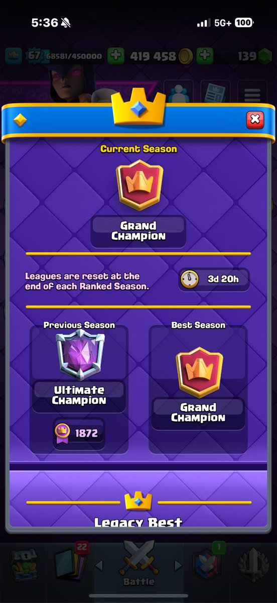 rhern0's tweet photo. @ClashRoyale So I hit ult champ in July and now you guys removed the badge from my account nice please fix this https://t.co/0nLhZadlVf