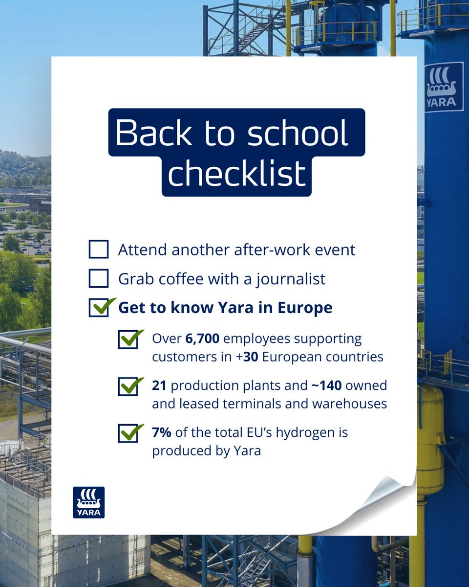 Yara Europe (@yaraeurope) on Twitter photo As students head back to school & organizations gear up after summer, we’re revisiting <a href="/yara/">Yara International</a>’s roots & footprint in Europe. 📚
Our unique production system & supply chain in Europe include:
🏭 21 production plants
🛒 customers in +30 countries
🇪🇺 production of 7% of EU H2 As students head back to school & organizations gear up after summer, we’re revisiting <a href="/yara/">Yara International</a>’s roots & footprint in Europe. 📚
Our unique production system & supply chain in Europe include:
🏭 21 production plants
🛒 customers in +30 countries
🇪🇺 production of 7% of EU H2