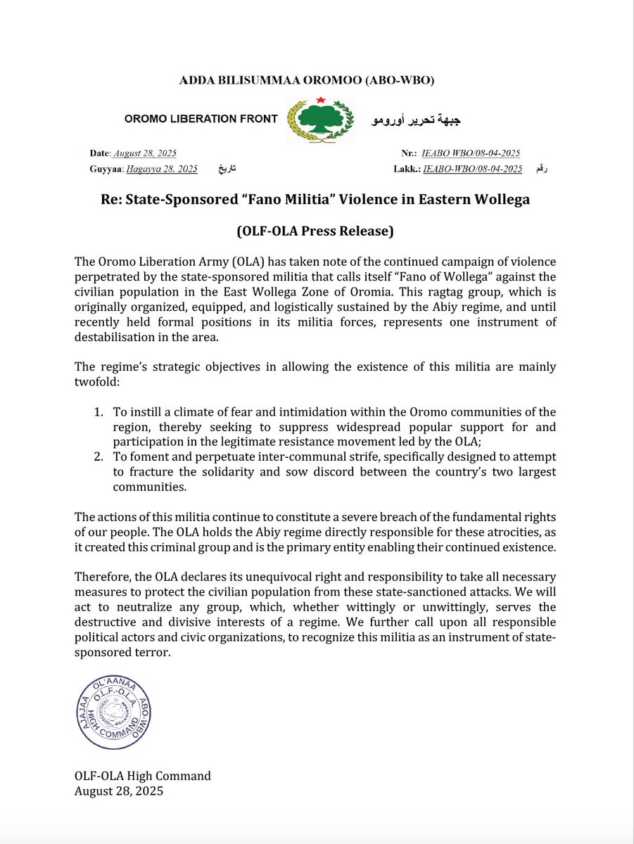 Re: State-Sponsored “Fano Militia” Violence in Eastern Wollega
                  (OLF-OLA Press Release)
                     #Oromia #Ethiopia